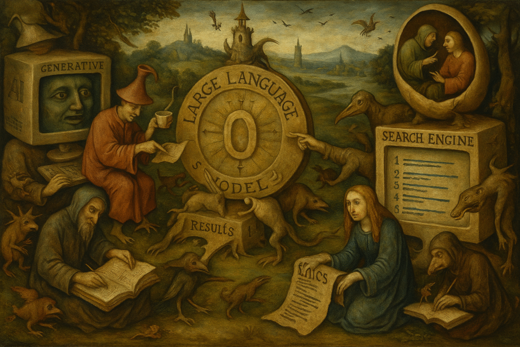 A surreal oil painting in the style of Hieronymus Bosch and Pieter Bruegel, depicting the clash of medieval and modern ideas. At the centre is a massive wheel labeled "LARGE LANGUAGE MODEL," surrounded by strange human-animal hybrids and robed figures. To the left, a person sips tea in front of an old CRT monitor labeled "GENERATIVE AI," while a hooded figure scribbles into a large book. On the right, an ancient computer marked "SEARCH ENGINE" shows a list of numbered results beneath a giant egg housing two whispering figures. The landscape features fantastical architecture, flying creatures, and a rolling countryside, blending absurdity and symbolism to represent the evolution of search and information.