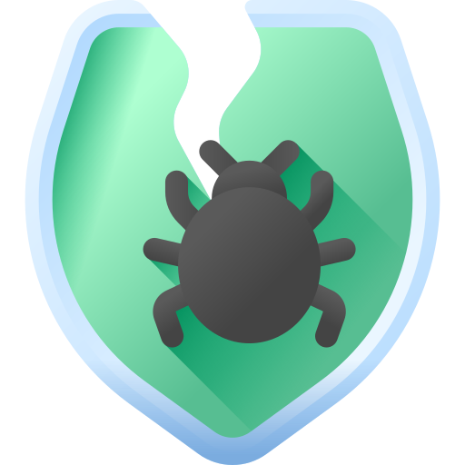 A green shield icon with a jagged crack running down the center, symbolizing vulnerability. Overlaid on the shield is a black bug illustration, representing software bugs or issues.