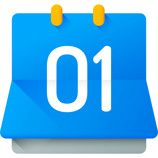 A light blue calendar icon with two yellow tabs at the top, resembling the binding of a physical calendar. The number '01' is displayed prominently in large white text in the center, symbolizing the first day of the month.