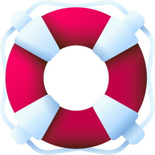 A red and white life ring with four evenly spaced white straps and a rope outlining the circular shape, representing safety and support.