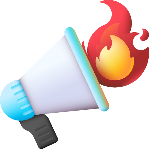 A white megaphone with a blue rim and black handle, emitting a red and yellow flame from the horn, symbolizing urgency or high-energy announcements.