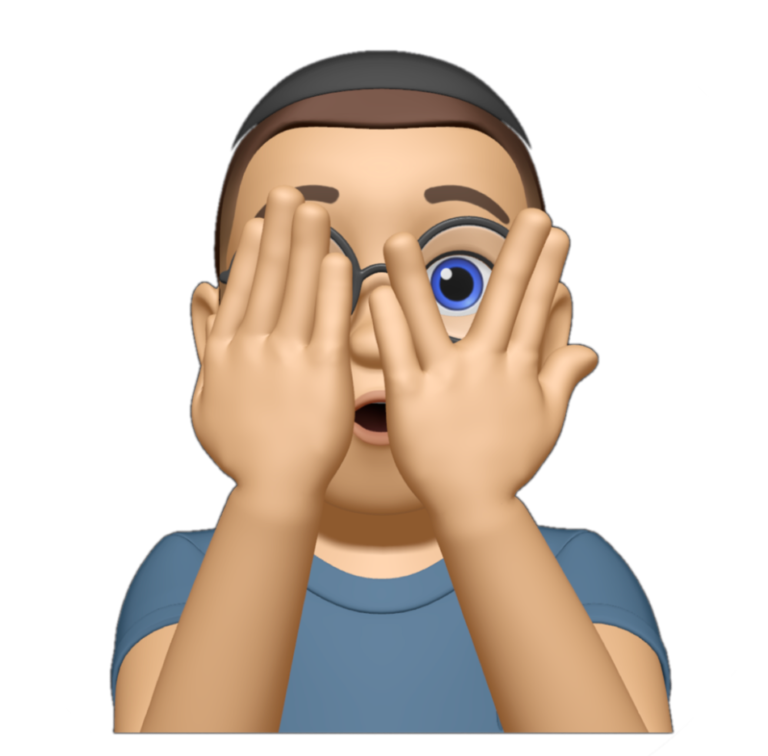 A cartoon-style avatar representing NEOBADGER, showing a person with short dark hair, round glasses, and blue eyes. They have both hands covering their face, with fingers slightly parted, revealing a surprised or playful expression.